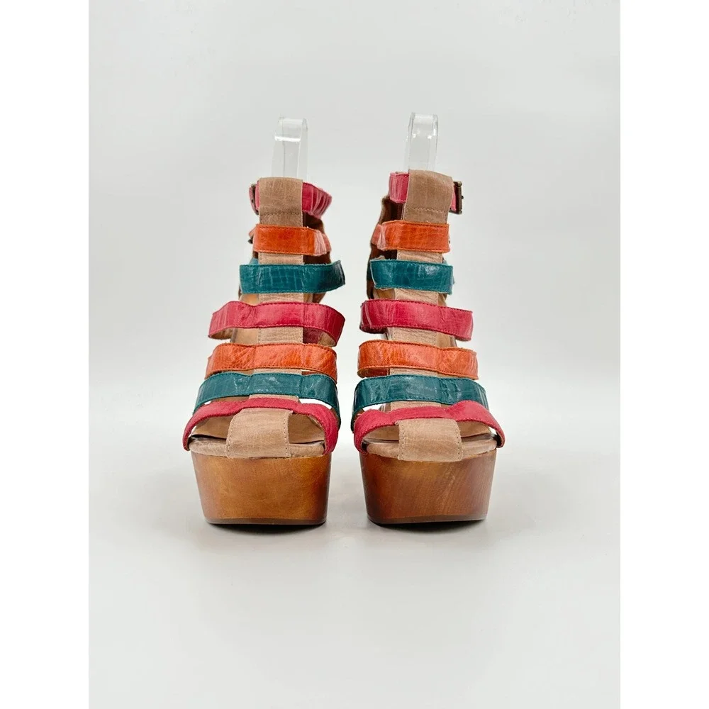 Jeffrey Campbell Ibiza Last Multi Color Leather Strappy Wood Platform Sandal 7.5